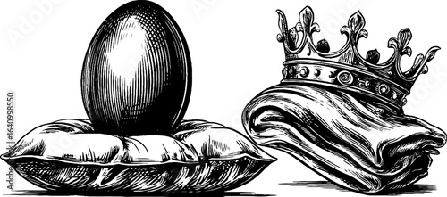 Vintage engraved illustration of imperial russian egg and crown on cushion set