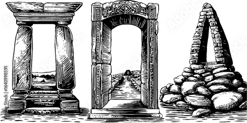 Vintage inca door lintel and stone structure engraving set for retro design projects