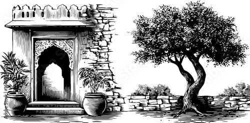 Vintage engraved illustration of indian haveli facade and tree with planters for cultural design