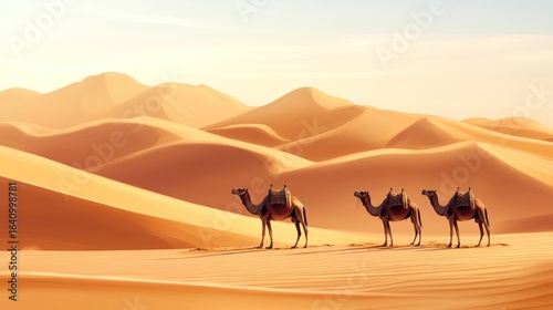 Caravan of camels traversing the arid desert landscape at golden hour