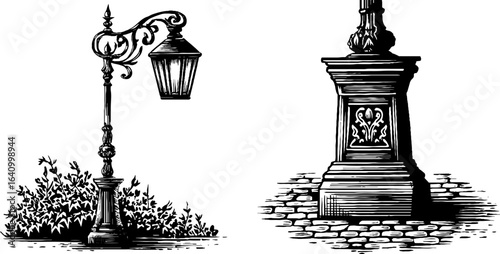 Vintage iron street lamp engraving set for retro design and posters