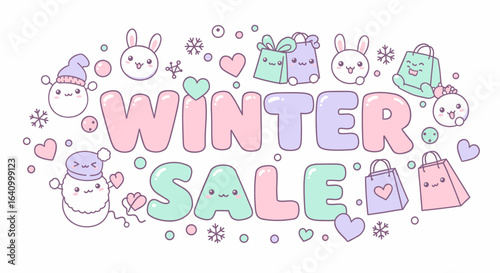 Winter Sale mix with cute characters and pastel colors in a festive style  
