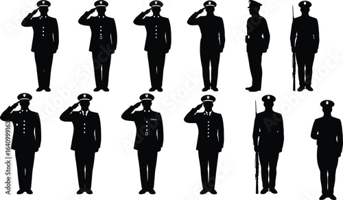 Military soldier silhouette group, saluting army officers, standing guard with rifles, uniformed personnel, service members, formal salute, armed forces
