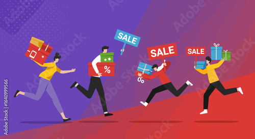 People running with shopping bags and sale signs in colorful background  