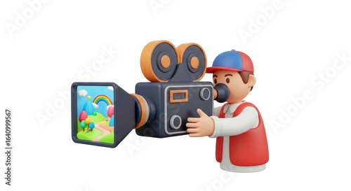 charming cartoon cameraman captures delightful rainbow landscape