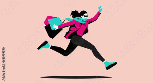 Shopper rushing store with bags while running on pink background  