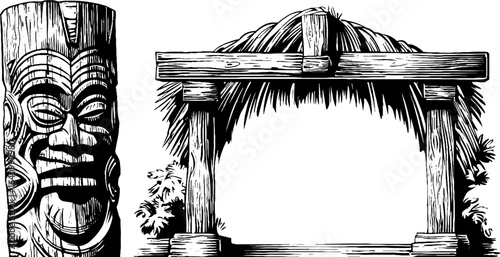 Maori carved post and archway vintage sketch for cultural design and decoration