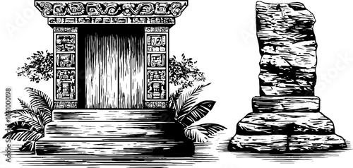 Ancient maya glyph carvings and stone monument illustration for cultural design