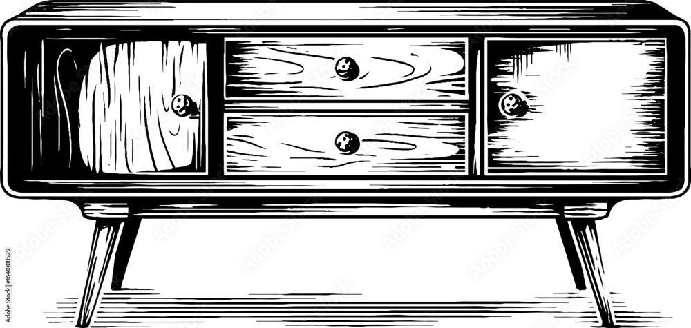 Fototapeta premium Mid century sideboard engraved illustration design for retro home decor