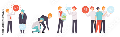 Man Business Worker Character Engaged in Professional Career Competition Vector Set