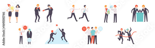 Man and Woman Business Worker Character Engaged in Professional Career Competition Vector Set