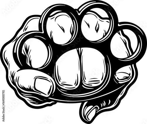 Brass Knuckles Fist Illustration – Aggressive Black and White Vector Art