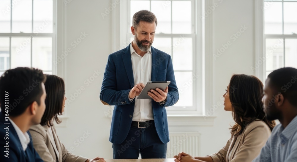 Bearded executive guiding diverse team using tablet for collaboration during meeting in modern Bearded executive guiding diverse team using tablet for collaboration during meeting in modern