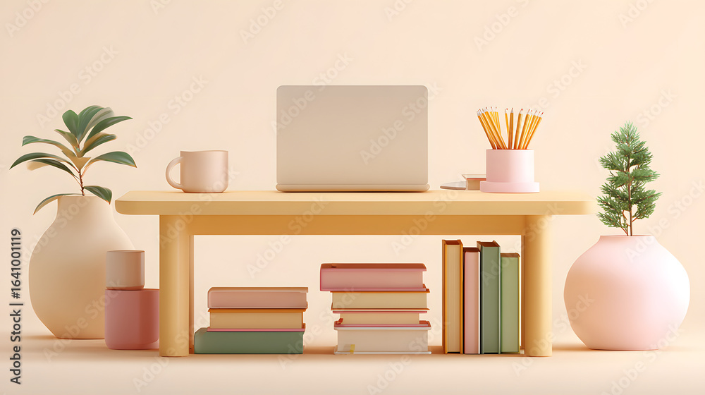 Obraz premium Minimalist Flat Pastel 3D Render of a Clean Study Desk