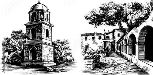 Vintage engraved illustration of monastery bell tower and surrounding architecture