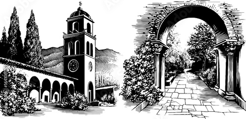 Vintage engraved illustration of monastery bell tower and pathway scene for design and decoration