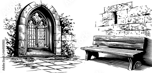 Antique monastery cloister scene with gothic archway and bench - hand drawn design for posters
