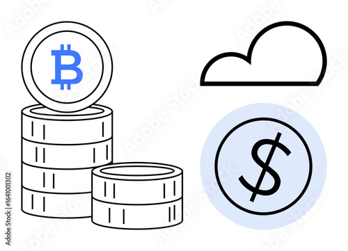 Cryptocurrency bitcoin on coin stack, dollar sign in blue circle, and outlined cloud shape. Ideal for finance, blockchain, digital economy, cloud storage, investment, wealth management fintech