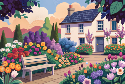 English countryside garden with wildflowers, climbing roses, apple trees, and stone benches, rustic landscapes, serene retreats, and traditional outdoor charm