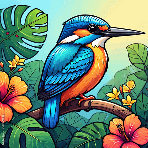 Vibrant Kingfisher Bird in Tropical Paradise:  Illustrative Style,  Joyful Mood,  Exotic Floral Background.