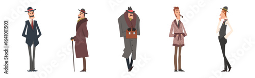 Victorian Gentleman in Elegant Suit with Respectful Manner Standing Vector Set