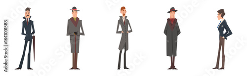 Victorian Gentleman in Elegant Suit with Respectful Manner Standing Vector Set