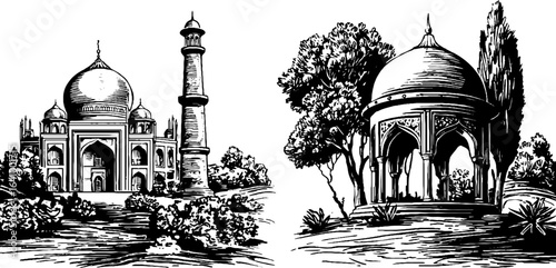 Mughal architecture engraving set featuring iconic minaret and pavilion structures