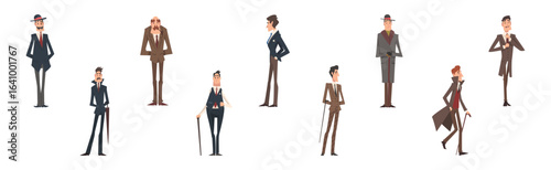 Victorian Gentleman in Elegant Suit with Respectful Manner Standing Vector Set
