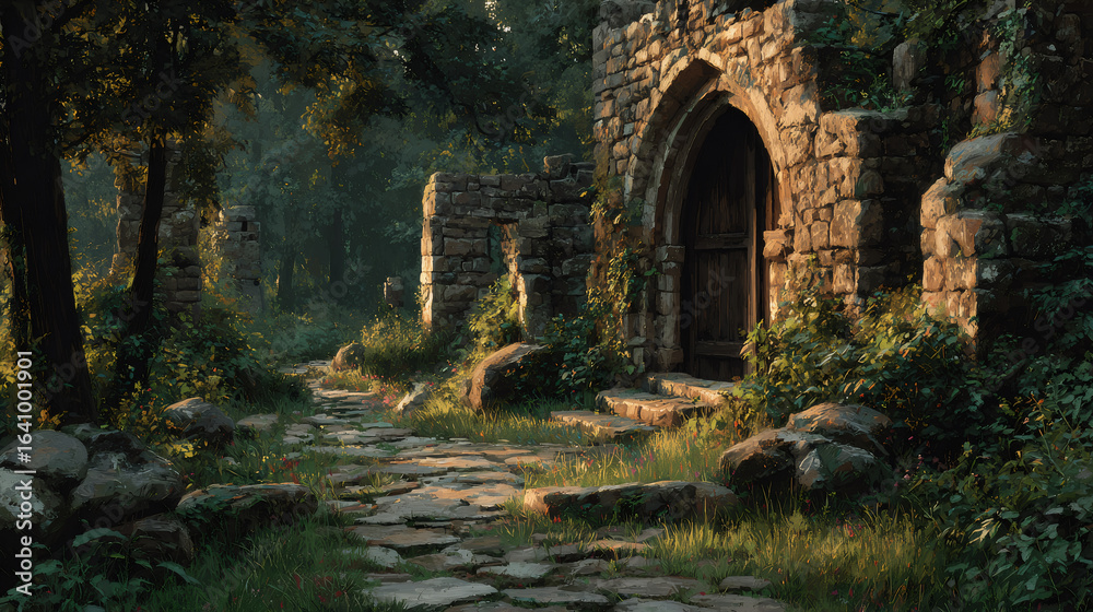 Fototapeta premium Ancient stone arch doorway in mystical forest with stone path at sunrise. Medieval architecture in enchanted woodland. Fantasy landscape for game design and book cover art