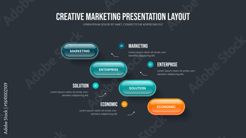 Enterprise Portfolio Presentation Design Vector Illustration. Service Visualization Four Element Diagram Frame Layout. Product Forecast 4 Step Infographic Slide Template.