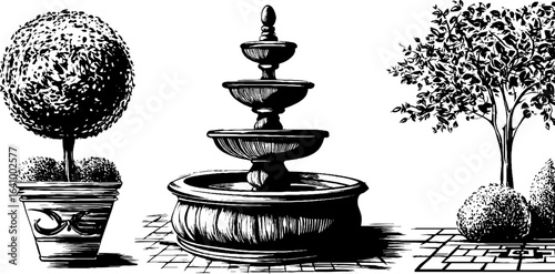 Ornamental topiary and fountain engraving set - vintage garden design for décor and inspiration