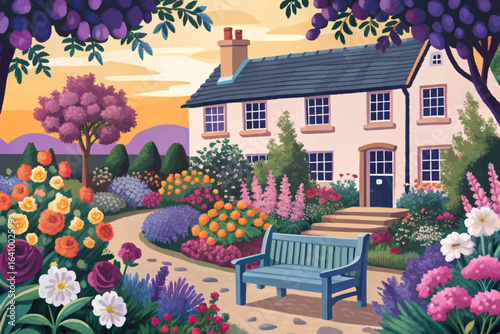 English countryside garden with wildflowers, climbing roses, apple trees, and stone benches, rustic landscapes, serene retreats, and traditional outdoor charm