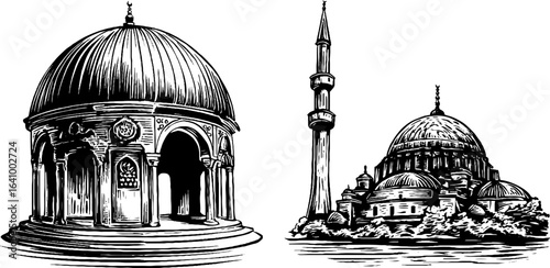 Engraved ottoman dome and minaret set for architectural design