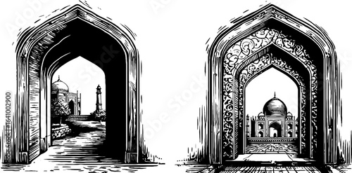 Vintage engraved illustration of persian iwan architecture for design projects