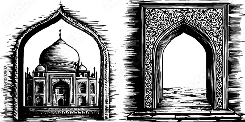 Vintage engraved illustration set of persian iwan and architectural details for design
