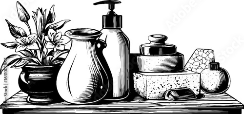 Engraved illustration of porcelain tiles and spa elements for design and decor