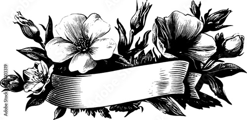 Engraved renaissance floral banner design. Vintage hand drawn sketch with ornate engraving detail.