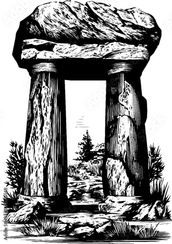Ritual stone gate illustration set - ancient monolithic archaeological design for posters or cards
