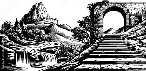 Roman aqueduct arch in engraved landscape illustration - historical architectural design