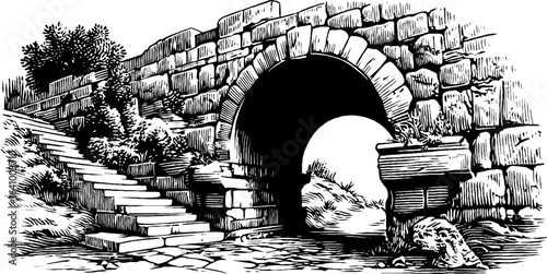 Engraved illustration of roman aqueduct arch with vintage architectural design