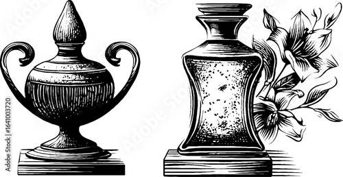 Vintage engraved illustration set of roman perfume vessels with floral elements for design
