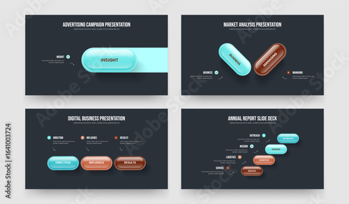 Modern Review One Two Three Four Element Diagram Slide Design Vector Illustration Collection. Business Performance 1 2 3 4 Option Infographic Presentation Layout Bundle.