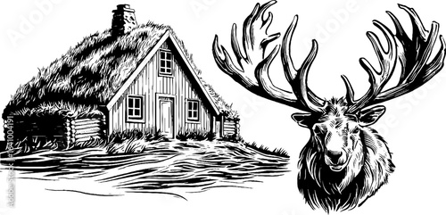Vintage engraved illustration of sami turf house and majestic reindeer silhouette