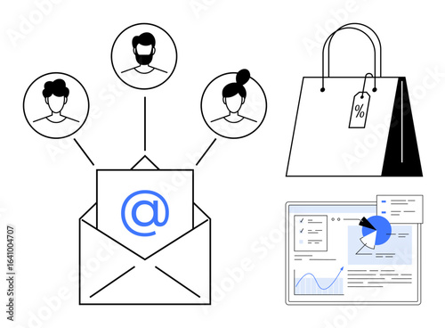 Open envelope, user icons, at-sign, shopping bags, and website analytics dashboard. Ideal for email campaign, customer engagement, e-commerce, online marketing analytics retail strategy simple
