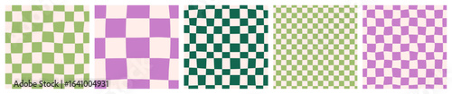 Seamless abstract set of chess patterns on light background; green and violet colors; simple hand drawn vector illustration, flat style