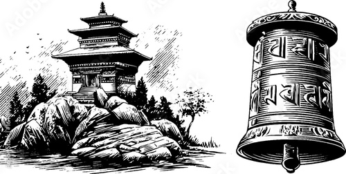 Intricate engraved illustration of tibetan monastery and prayer wheel for cultural design