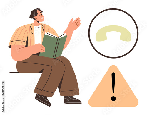 Man holding open book and gesturing, next to a phone icon and warning triangle. Ideal for education, alert systems, cautionary advice, communication, awareness, learning, simple flat metaphor