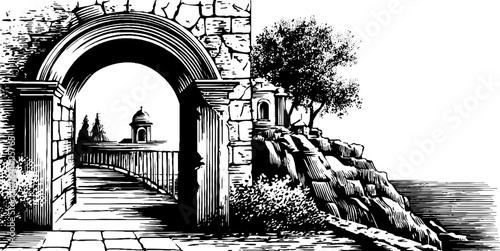 Engraved illustration set of venetian balcony with archway and landscape design