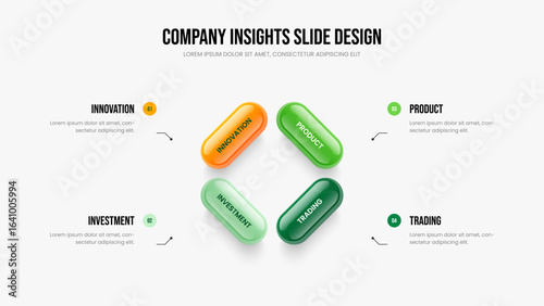Company Strategy 4 Step Diagram Frame Template. Visual Introduction Slide Layout Vector Illustration. Digital Plan Four Element Infographic Slideshow Design.