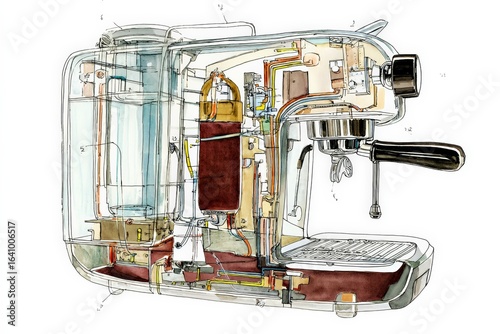 High-quality espresso machine cutaway illustration reveals intricate internal components, perfect for understanding mechanics and enhancing coffee-making skills.
